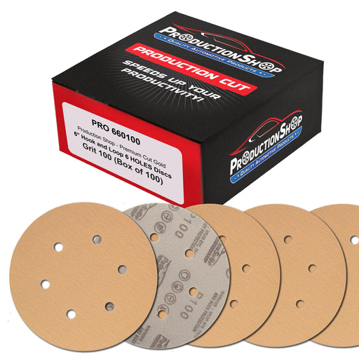 Premium 100 Grit 6" Gold Sanding Discs, 6-Hole Pattern, Box of 100 - Dustless Hook & Loop Backing Sandpaper for DA & Random Orbital Sanders, Sand Auto Paint, Wood Woodworking Furniture