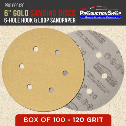 Premium 120 Grit 6" Gold Sanding Discs, 6-Hole Pattern, Box of 100 - Dustless Hook & Loop Backing Sandpaper for DA & Random Orbital Sanders