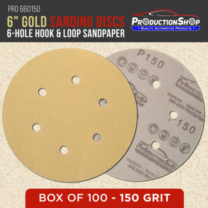 Premium 150 Grit 6" Gold Sanding Discs, 6-Hole Pattern, Box of 100 - Dustless Hook & Loop Backing Sandpaper for DA & Random Orbital Sanders