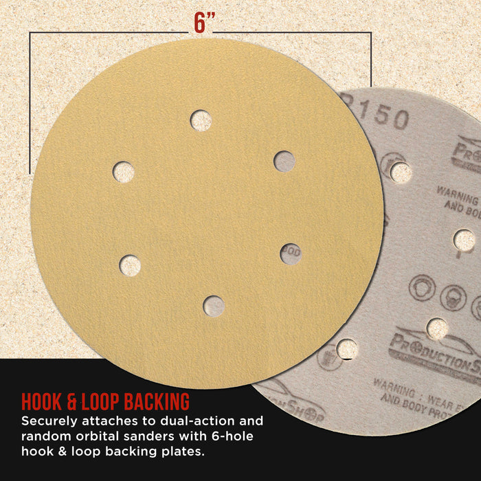 Premium 150 Grit 6" Gold Sanding Discs, 6-Hole Pattern, Box of 100 - Dustless Hook & Loop Backing Sandpaper for DA & Random Orbital Sanders, Sand Auto Paint, Wood Woodworking Furniture