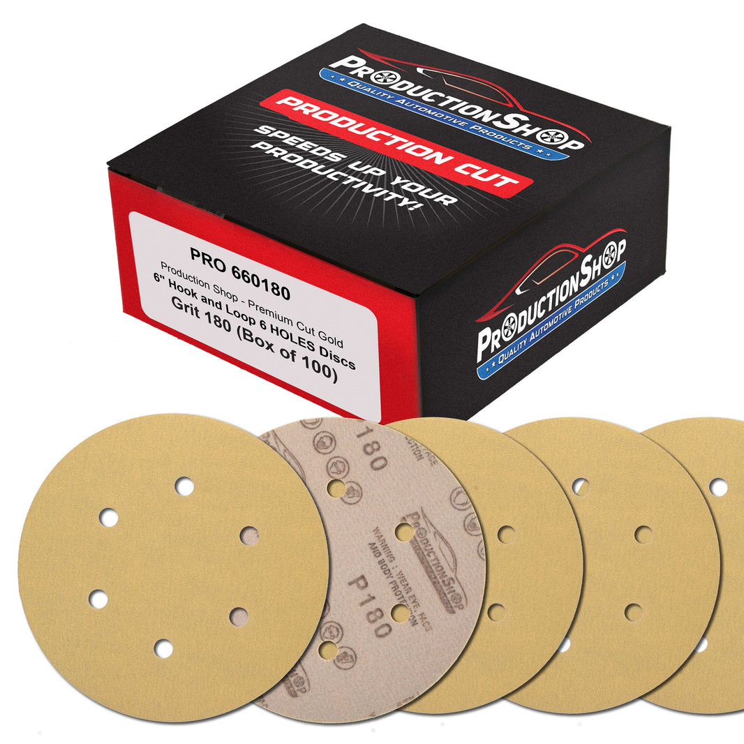 Premium 180 Grit 6" Gold Sanding Discs, 6-Hole Pattern, Box of 100 - Dustless Hook & Loop Backing Sandpaper for DA & Random Orbital Sanders