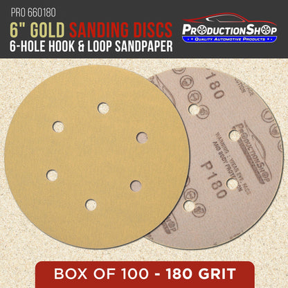 Premium 180 Grit 6" Gold Sanding Discs, 6-Hole Pattern, Box of 100 - Dustless Hook & Loop Backing Sandpaper for DA & Random Orbital Sanders
