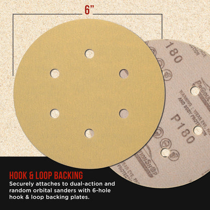 Premium 180 Grit 6" Gold Sanding Discs, 6-Hole Pattern, Box of 100 - Dustless Hook & Loop Backing Sandpaper for DA & Random Orbital Sanders