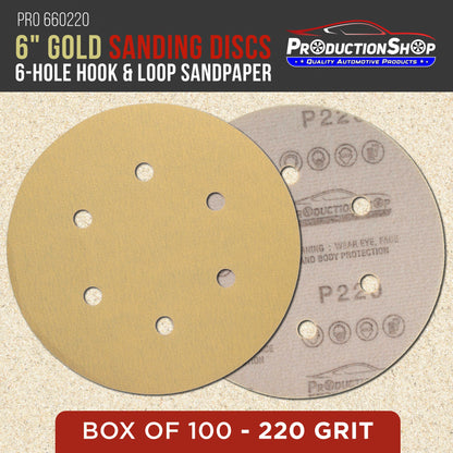 Premium 220 Grit 6" Gold Sanding Discs, 6-Hole Pattern, Box of 100 - Dustless Hook & Loop Backing Sandpaper for DA & Random Orbital Sanders