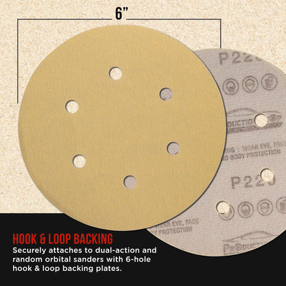 Premium 220 Grit 6" Gold Sanding Discs, 6-Hole Pattern, Box of 100 - Dustless Hook & Loop Backing Sandpaper for DA & Random Orbital Sanders