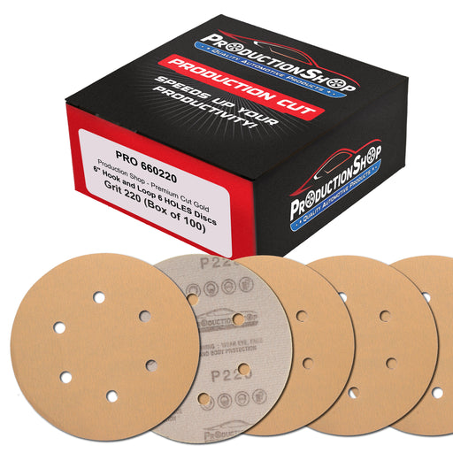 Premium 220 Grit 6" Gold Sanding Discs, 6-Hole Pattern, Box of 100 - Dustless Hook & Loop Backing Sandpaper for DA & Random Orbital Sanders, Sand Auto Paint, Wood Woodworking Furniture