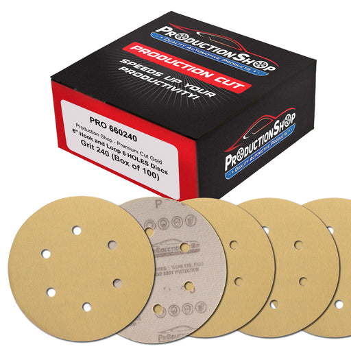 Premium 240 Grit 6" Gold Sanding Discs, 6-Hole Pattern, Box of 100 - Dustless Hook & Loop Backing Sandpaper for DA & Random Orbital Sanders, Sand Auto Paint, Wood Woodworking Furniture