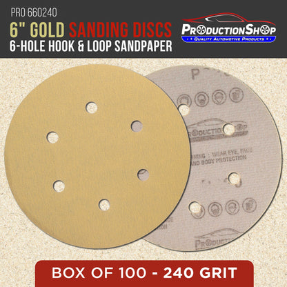 Premium 240 Grit 6" Gold Sanding Discs, 6-Hole Pattern, Box of 100 - Dustless Hook & Loop Backing Sandpaper for DA & Random Orbital Sanders