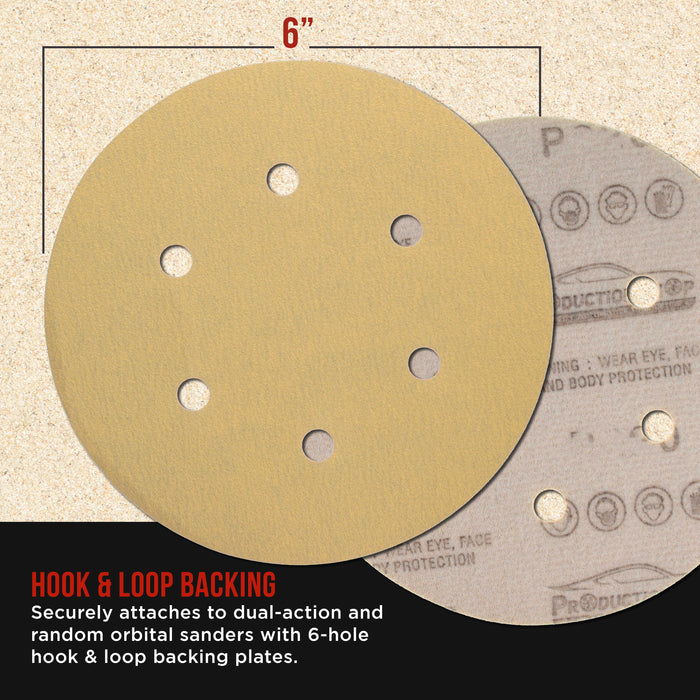 Premium 240 Grit 6" Gold Sanding Discs, 6-Hole Pattern, Box of 100 - Dustless Hook & Loop Backing Sandpaper for DA & Random Orbital Sanders, Sand Auto Paint, Wood Woodworking Furniture