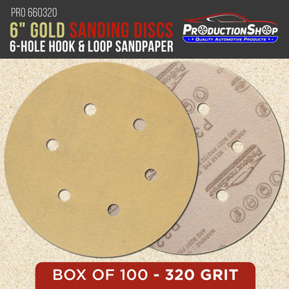 Premium 320 Grit 6" Gold Sanding Discs, 6-Hole Pattern, Box of 100 - Dustless Hook & Loop Backing Sandpaper for DA & Random Orbital Sanders