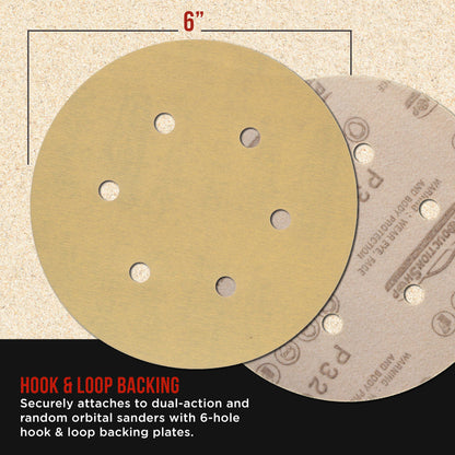 Premium 320 Grit 6" Gold Sanding Discs, 6-Hole Pattern, Box of 100 - Dustless Hook & Loop Backing Sandpaper for DA & Random Orbital Sanders