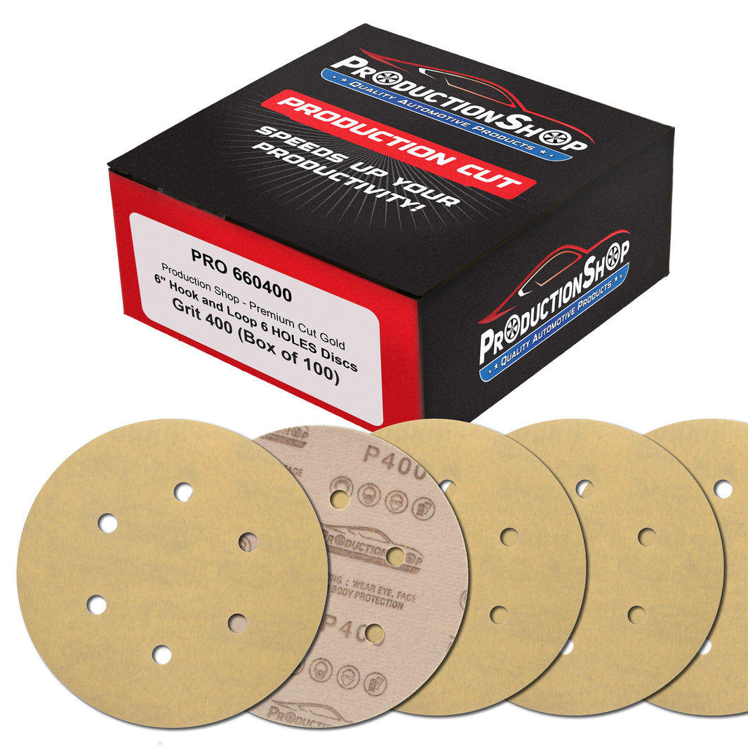 Premium 400 Grit 6" Gold Sanding Discs, 6-Hole Pattern, Box of 100 - Dustless Hook & Loop Backing Sandpaper for DA & Random Orbital Sanders
