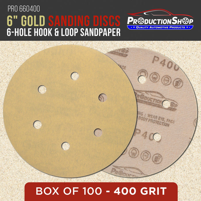 Premium 400 Grit 6" Gold Sanding Discs, 6-Hole Pattern, Box of 100 - Dustless Hook & Loop Backing Sandpaper for DA & Random Orbital Sanders, Sand Auto Paint, Wood Woodworking Furniture