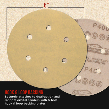 Premium 400 Grit 6" Gold Sanding Discs, 6-Hole Pattern, Box of 100 - Dustless Hook & Loop Backing Sandpaper for DA & Random Orbital Sanders