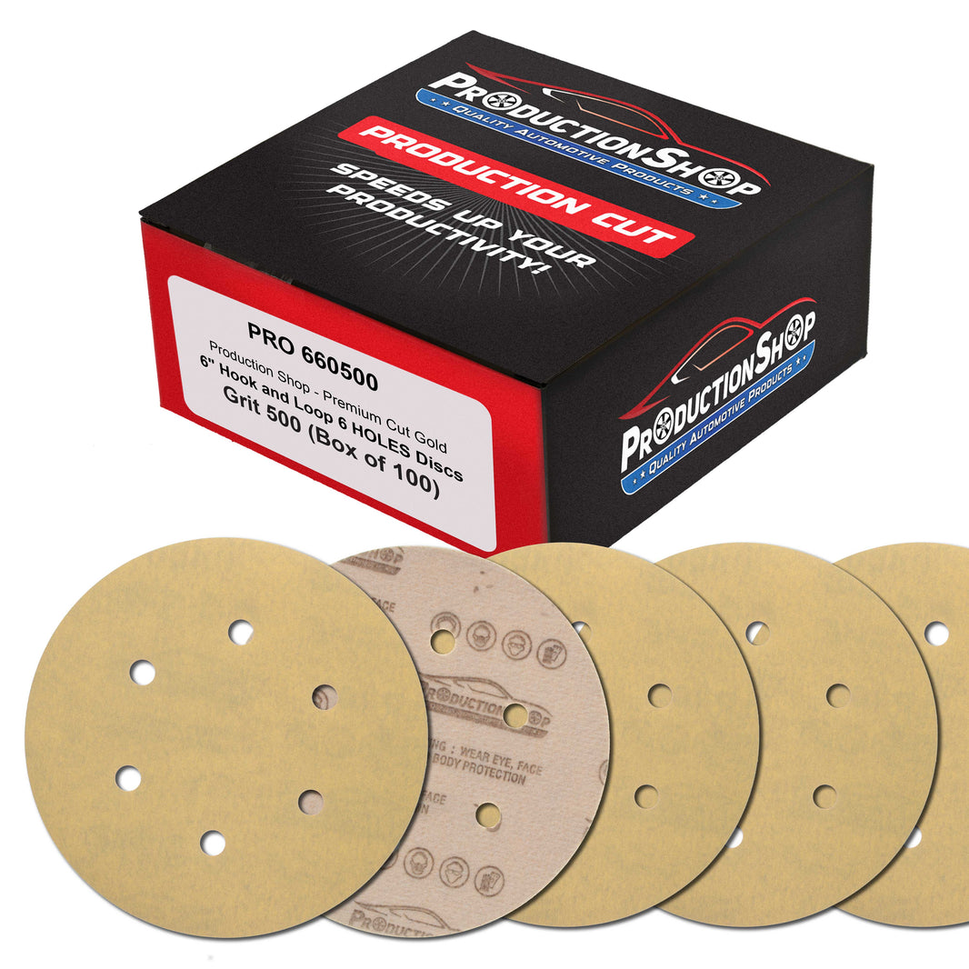 Premium 500 Grit 6" Gold Sanding Discs, 6-Hole Pattern, Box of 100 - Dustless Hook & Loop Backing Sandpaper for DA & Random Orbital Sanders