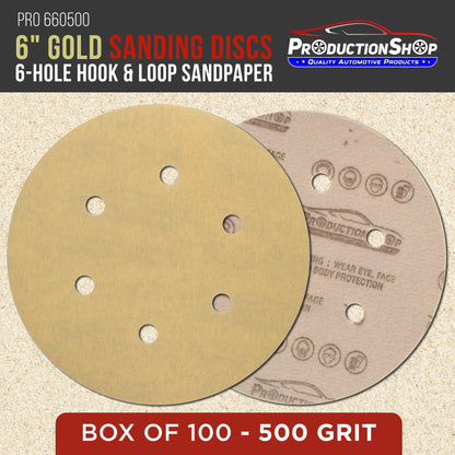 Premium 500 Grit 6" Gold Sanding Discs, 6-Hole Pattern, Box of 100 - Dustless Hook & Loop Backing Sandpaper for DA & Random Orbital Sanders