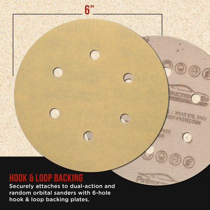 Premium 500 Grit 6" Gold Sanding Discs, 6-Hole Pattern, Box of 100 - Dustless Hook & Loop Backing Sandpaper for DA & Random Orbital Sanders