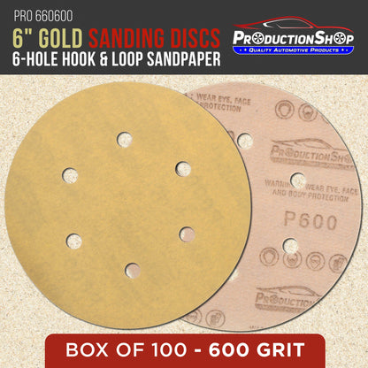 Premium 100 Grit 6" Gold Sanding Discs, 6-Hole Pattern, Box of 100 - Dustless Hook & Loop Backing Sandpaper for DA & Random Orbital Sanders