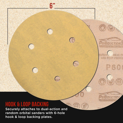 Premium 100 Grit 6" Gold Sanding Discs, 6-Hole Pattern, Box of 100 - Dustless Hook & Loop Backing Sandpaper for DA & Random Orbital Sanders