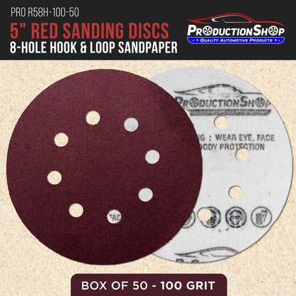 Premium 5" Red 8-Hole Pattern 100 Grit Sanding Discs, Box of 50 - Dustless Hook & Loop Backing Sandpaper for Random Orbital Sanders, Medium-Cut Abrasive