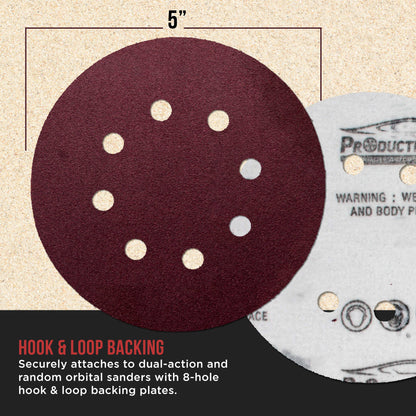 Premium 5" Red 8-Hole Pattern 100 Grit Sanding Discs, Box of 50 - Dustless Hook & Loop Backing Sandpaper for Random Orbital Sanders, Medium-Cut Abrasive