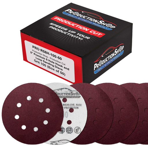 Premium 5" Red 8-Hole Pattern 100 Grit Sanding Discs, Box of 50 - Dustless Hook & Loop Backing Sandpaper for Random Orbital Sanders, Medium-Cut Abrasive - Woodworking, Sand Auto Paint