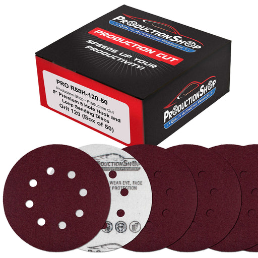 Premium 5" Red 8-Hole Pattern 120 Grit Sanding Discs, Box of 50 - Dustless Hook & Loop Backing Sandpaper for Random Orbital Sanders, Medium-Cut Abrasive - Woodworking, Sand Auto Paint