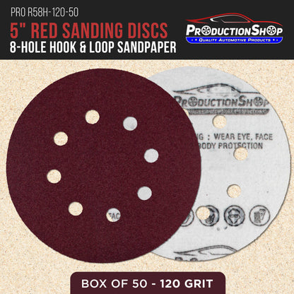 Premium 5" Red 8-Hole Pattern 120 Grit Sanding Discs, Box of 50 - Dustless Hook & Loop Backing Sandpaper for Random Orbital Sanders, Medium-Cut Abrasive