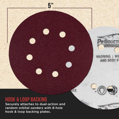 Premium 5" Red 8-Hole Pattern 120 Grit Sanding Discs, Box of 50 - Dustless Hook & Loop Backing Sandpaper for Random Orbital Sanders, Medium-Cut Abrasive