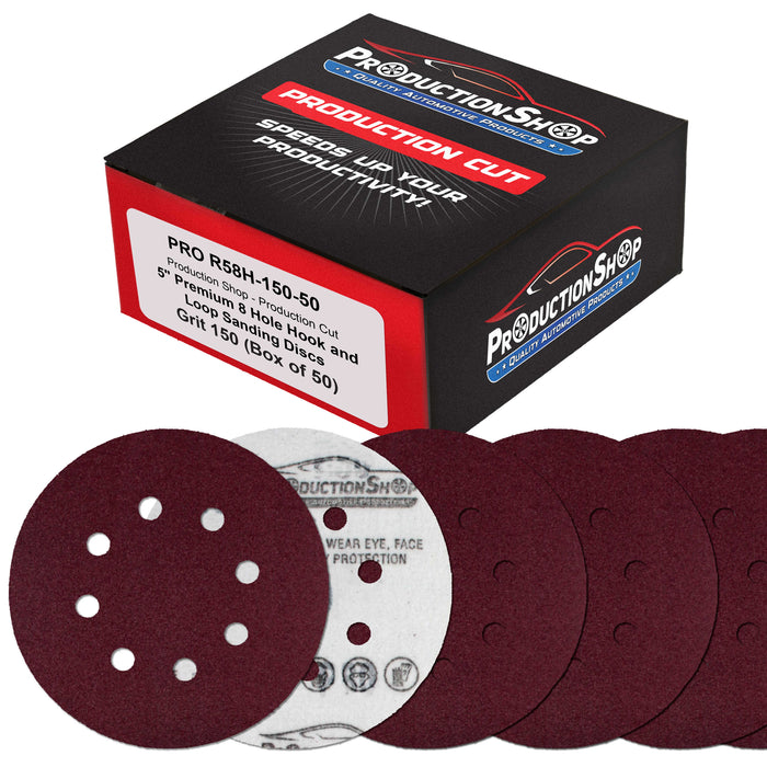 Premium 5" Red 8-Hole Pattern 150 Grit Sanding Discs, Box of 50 - Dustless Hook & Loop Backing Sandpaper for Random Orbital Sanders, Medium-Fine-Cut Abrasive - Woodworking, Auto Paint