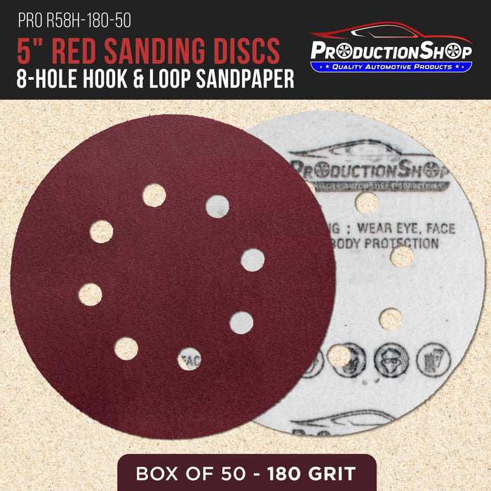 Premium 5" Red 8-Hole Pattern 180 Grit Sanding Discs, Box of 50 - Dustless Hook & Loop Backing Sandpaper for Random Orbital Sanders, Fine-Cut Abrasive - Woodworking, Sand Auto Paint