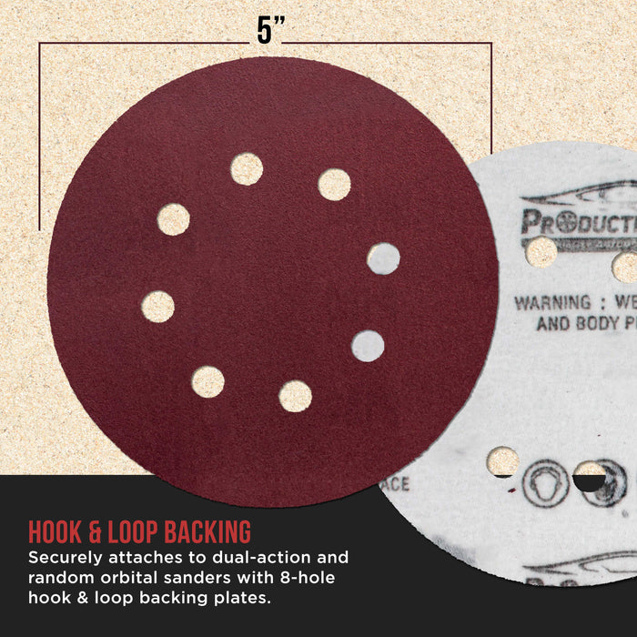 Premium 5" Red 8-Hole Pattern 180 Grit Sanding Discs, Box of 50 - Dustless Hook & Loop Backing Sandpaper for Random Orbital Sanders, Fine-Cut Abrasive - Woodworking, Sand Auto Paint