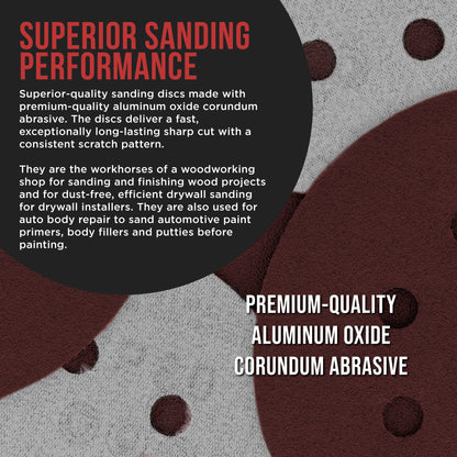 Premium 5" Red 8-Hole Pattern 180 Grit Sanding Discs, Box of 50 - Dustless Hook & Loop Backing Sandpaper for Random Orbital Sanders, Fine-Cut Abrasive