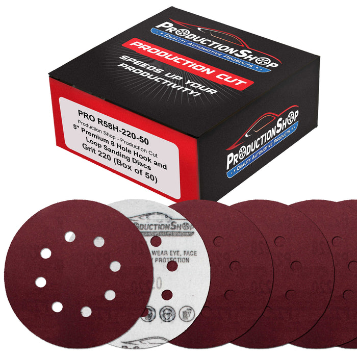 Premium 5" Red 8-Hole Pattern 220 Grit Sanding Discs, Box of 50 - Dustless Hook & Loop Backing Sandpaper for Random Orbital Sanders, Fine-Cut Abrasive - Woodworking, Sand Auto Paint