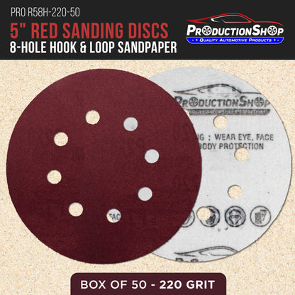 Premium 5" Red 8-Hole Pattern 220 Grit Sanding Discs, Box of 50 - Dustless Hook & Loop Backing Sandpaper for Random Orbital Sanders, Fine-Cut Abrasive