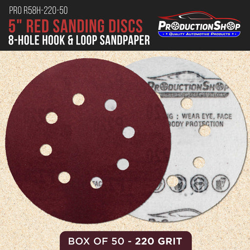 Premium 5" Red 8-Hole Pattern 220 Grit Sanding Discs, Box of 50 - Dustless Hook & Loop Backing Sandpaper for Random Orbital Sanders, Fine-Cut Abrasive - Woodworking, Sand Auto Paint