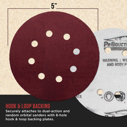 Premium 5" Red 8-Hole Pattern 220 Grit Sanding Discs, Box of 50 - Dustless Hook & Loop Backing Sandpaper for Random Orbital Sanders, Fine-Cut Abrasive