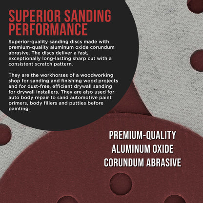 Premium 5" Red 8-Hole Pattern 220 Grit Sanding Discs, Box of 50 - Dustless Hook & Loop Backing Sandpaper for Random Orbital Sanders, Fine-Cut Abrasive