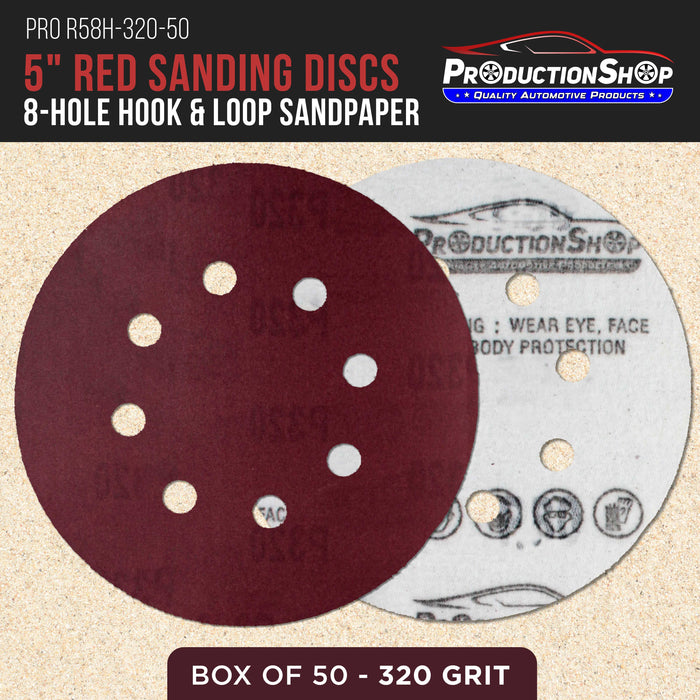 Premium 5" Red 8-Hole Pattern 320 Grit Sanding Discs, Box of 50 - Dustless Hook & Loop Backing Sandpaper for Random Orbital Sanders, Extra-Fine-Cut Abrasive - Woodworking, Auto Paint