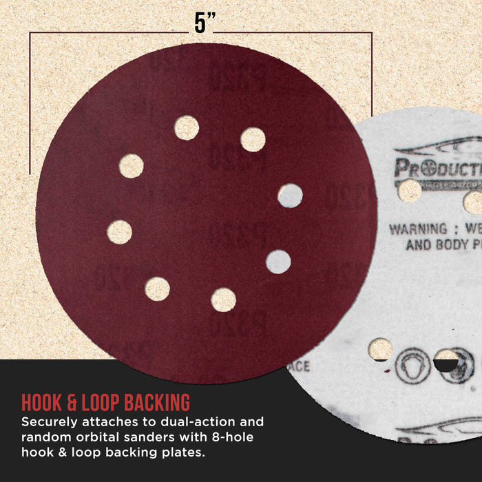 Premium 5" Red 8-Hole Pattern 320 Grit Sanding Discs, Box of 50 - Dustless Hook & Loop Backing Sandpaper for Random Orbital Sanders, Extra-Fine-Cut Abrasive - Woodworking, Auto Paint