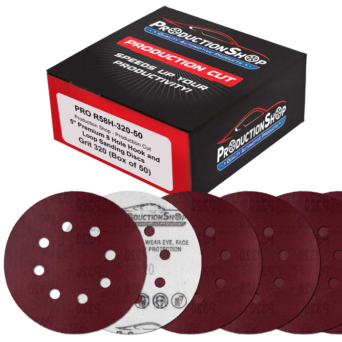 Premium 5" Red 8-Hole Pattern 320 Grit Sanding Discs, Box of 50 - Dustless Hook & Loop Backing Sandpaper for Random Orbital Sanders, Extra-Fine-Cut Abrasive - Woodworking, Auto Paint