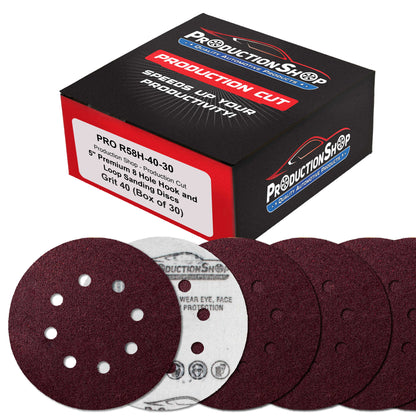 Premium 5" Red 8-Hole Pattern 40 Grit Sanding Discs, Box of 30 - Dustless Hook & Loop Backing Sandpaper for Random Orbital Sanders, Coarse-Cut Abrasive