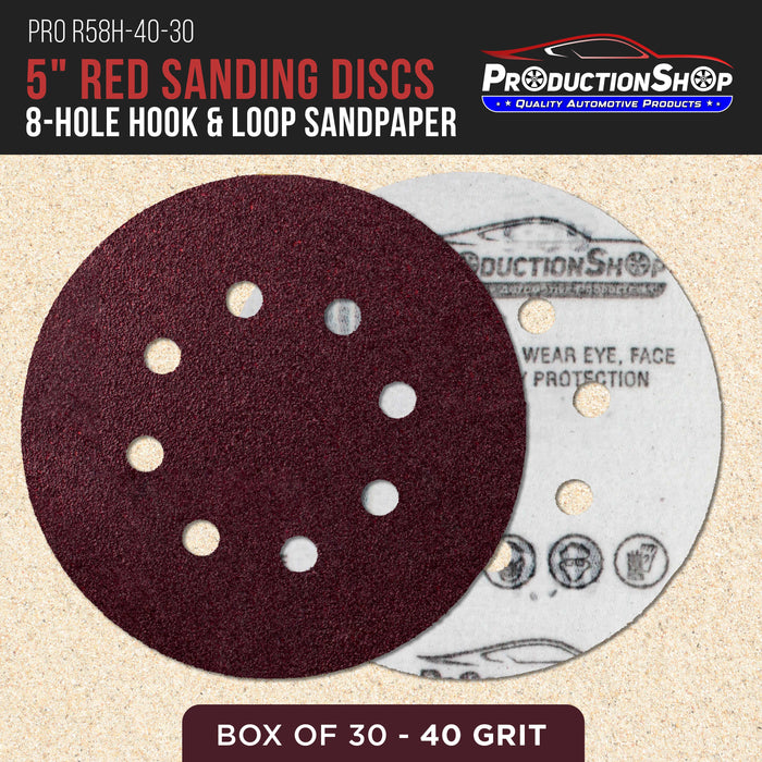 Premium 5" Red 8-Hole Pattern 40 Grit Sanding Discs, Box of 30 - Dustless Hook & Loop Backing Sandpaper for Random Orbital Sanders, Coarse-Cut Abrasive - Woodworking, Sand Auto Paint