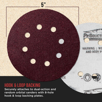 Premium 5" Red 8-Hole Pattern 40 Grit Sanding Discs, Box of 30 - Dustless Hook & Loop Backing Sandpaper for Random Orbital Sanders, Coarse-Cut Abrasive