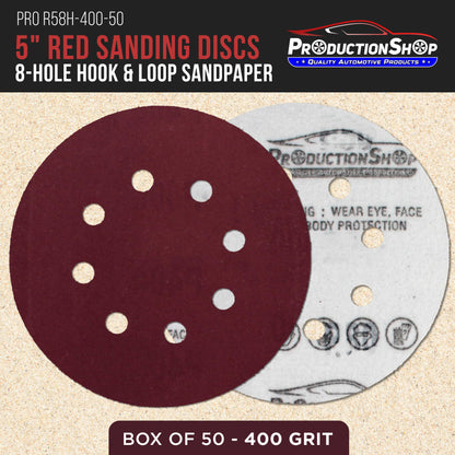 Premium 5" Red 8-Hole Pattern 400 Grit Sanding Discs, Box of 50 - Dustless Hook & Loop Backing Sandpaper for Random Orbital Sanders, Extra-Fine-Cut Abrasive
