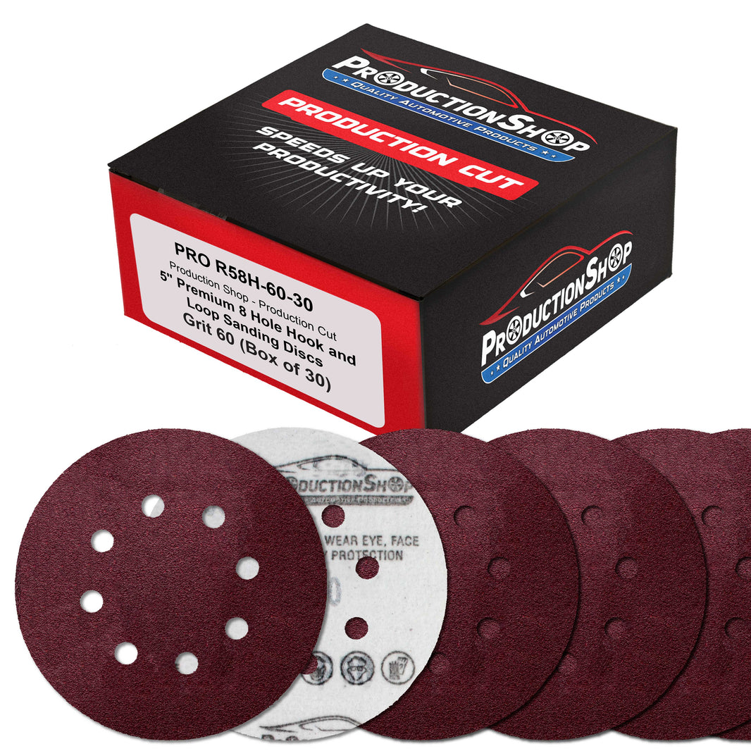 Premium 5" Red 8-Hole Pattern 60 Grit Sanding Discs, Box of 30 - Dustless Hook & Loop Backing Sandpaper for Random Orbital Sanders, Coarse-Cut Abrasive