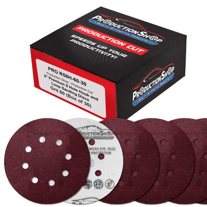 Premium 5" Red 8-Hole Pattern 60 Grit Sanding Discs, Box of 30 - Dustless Hook & Loop Backing Sandpaper for Random Orbital Sanders, Coarse-Cut Abrasive