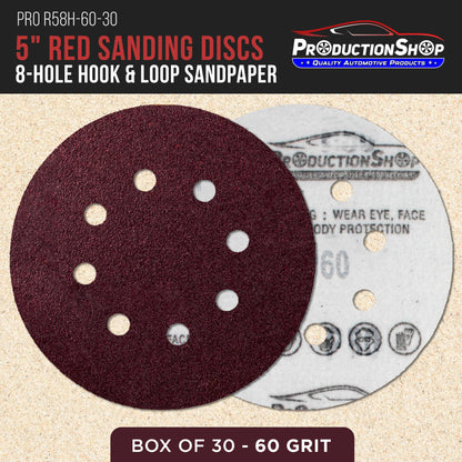 Premium 5" Red 8-Hole Pattern 60 Grit Sanding Discs, Box of 30 - Dustless Hook & Loop Backing Sandpaper for Random Orbital Sanders, Coarse-Cut Abrasive