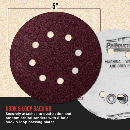 Premium 5" Red 8-Hole Pattern 60 Grit Sanding Discs, Box of 30 - Dustless Hook & Loop Backing Sandpaper for Random Orbital Sanders, Coarse-Cut Abrasive