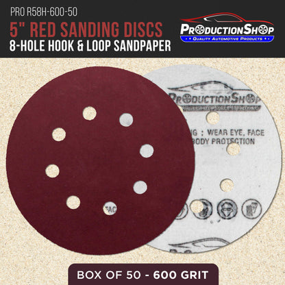 Premium 5" Red 8-Hole Pattern 600 Grit Sanding Discs, Box of 50 - Dustless Hook & Loop Backing Sandpaper for Random Orbital Sanders, Extra-Fine-Cut Abrasive